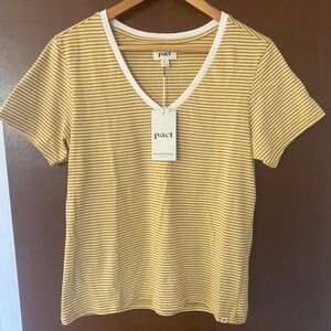 Pact NWT V-neck Tee-shirt Yellow Stripe Womens M